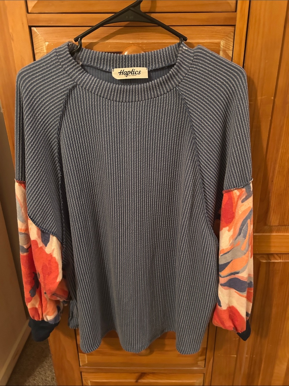Haptics oversized Blue Ribbed Sweatshirt with Floral Puff Sleeves